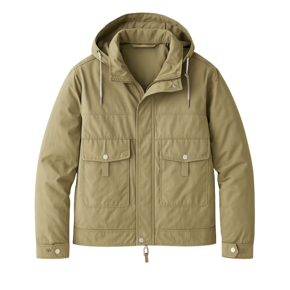 Man wearing the Kouvr Fashion Urbanite Technical Parka in Green over a black turtleneck