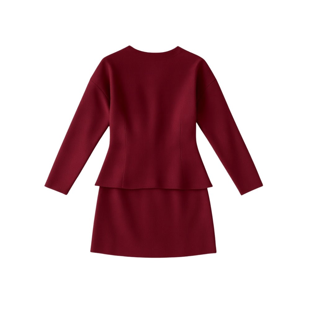 Burgundy Kouvr dress with a layered skirt on a white background