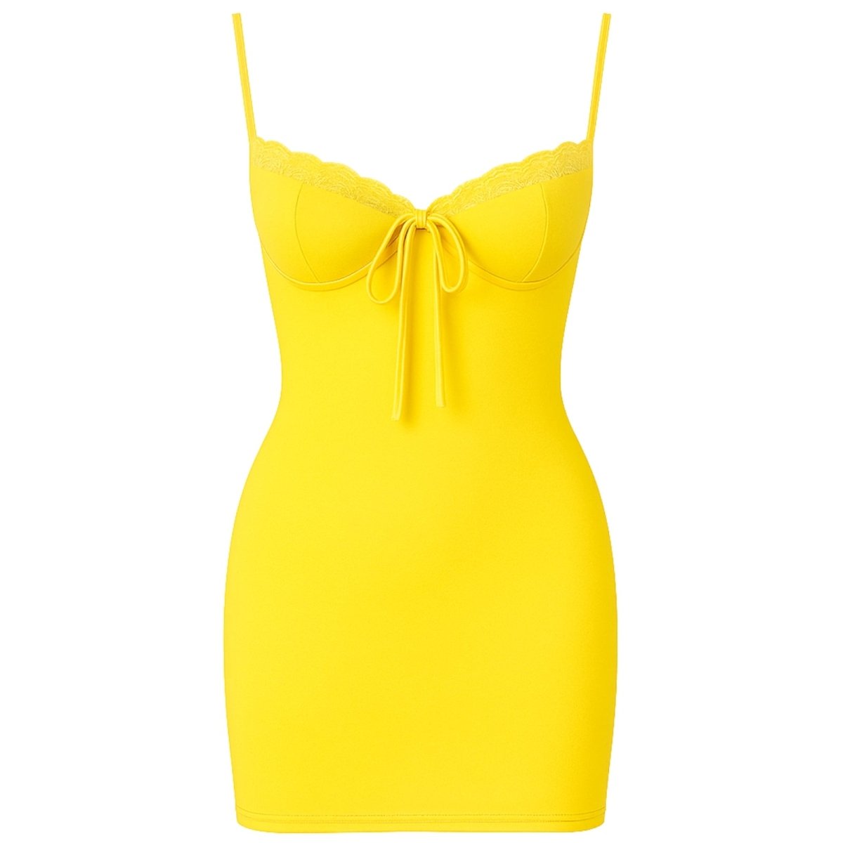 Yellow kouvr dress with thin straps on a white background