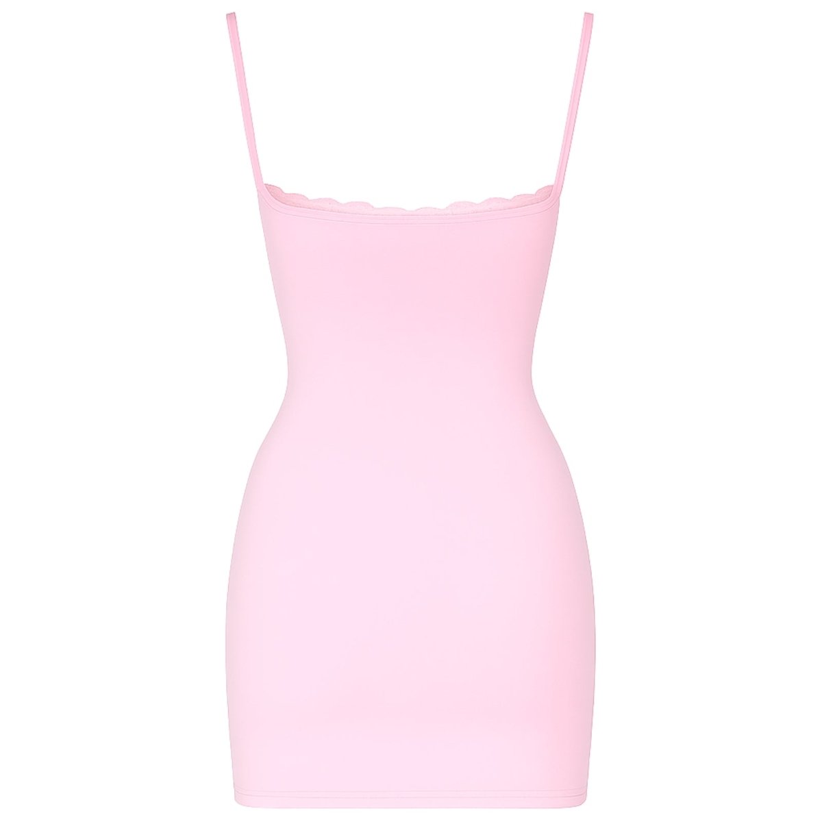 Pink kouvr slip dress with thin straps on a white background