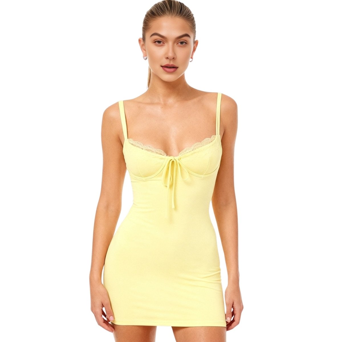 Woman wearing a light yellow kouvr  slip dress on a white background