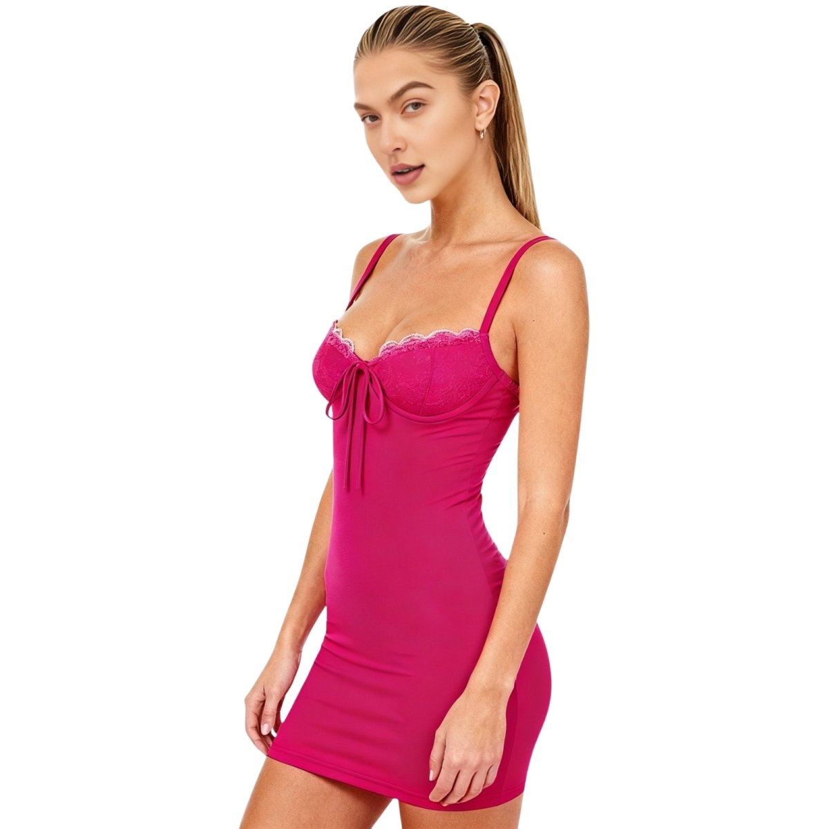 Woman wearing a rose red kouvr nightgown on a white background