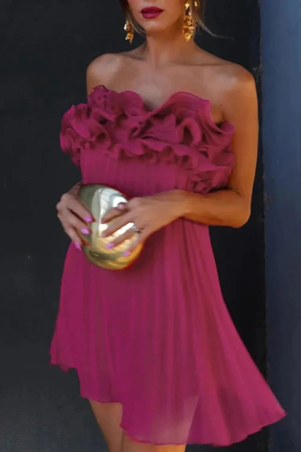 Model wearing the Kouvr Fashion Chitty Pink Ruffle Strapless Mini Dress