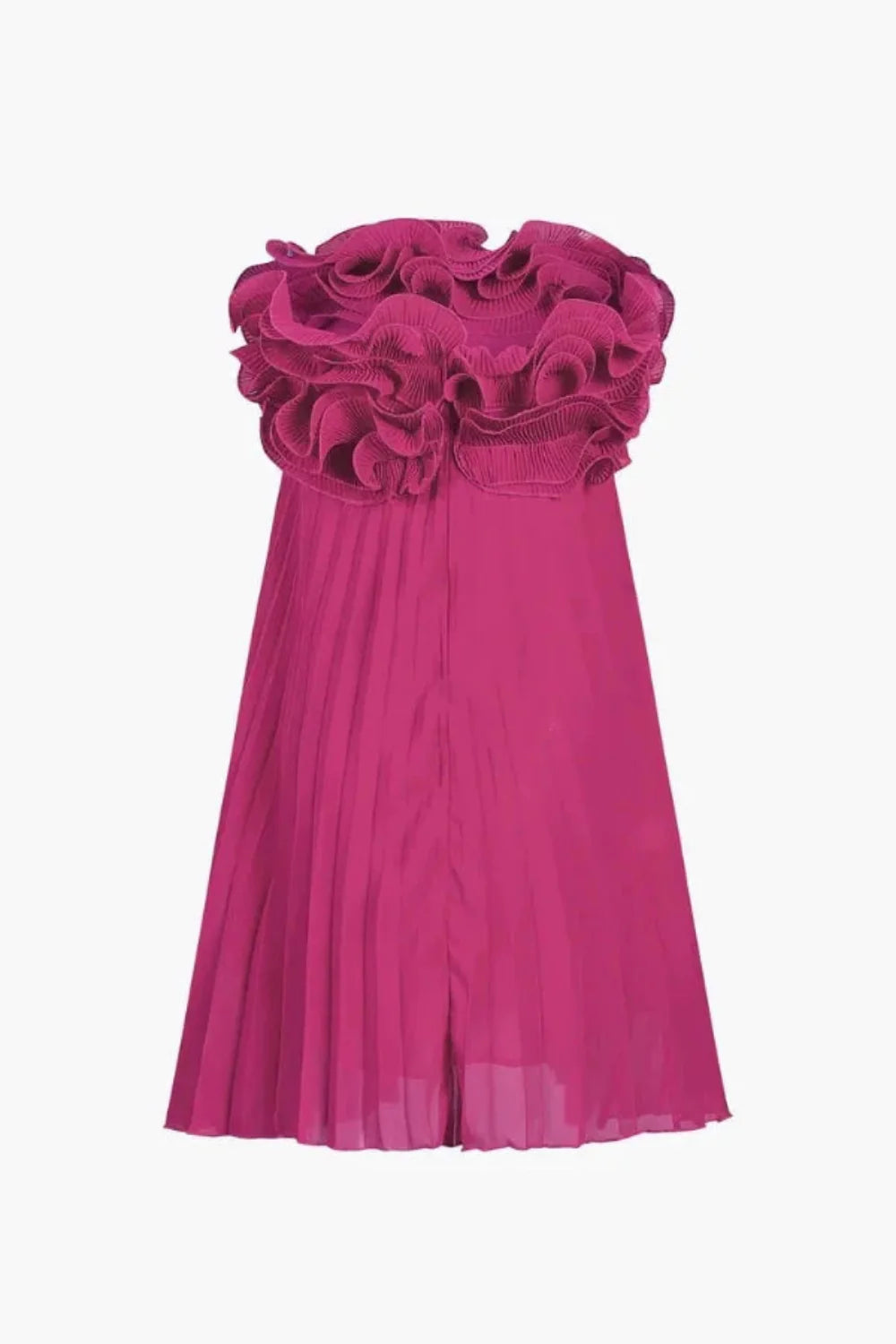 Model wearing the Kouvr Fashion Chitty Pink Ruffle Strapless Mini Dress