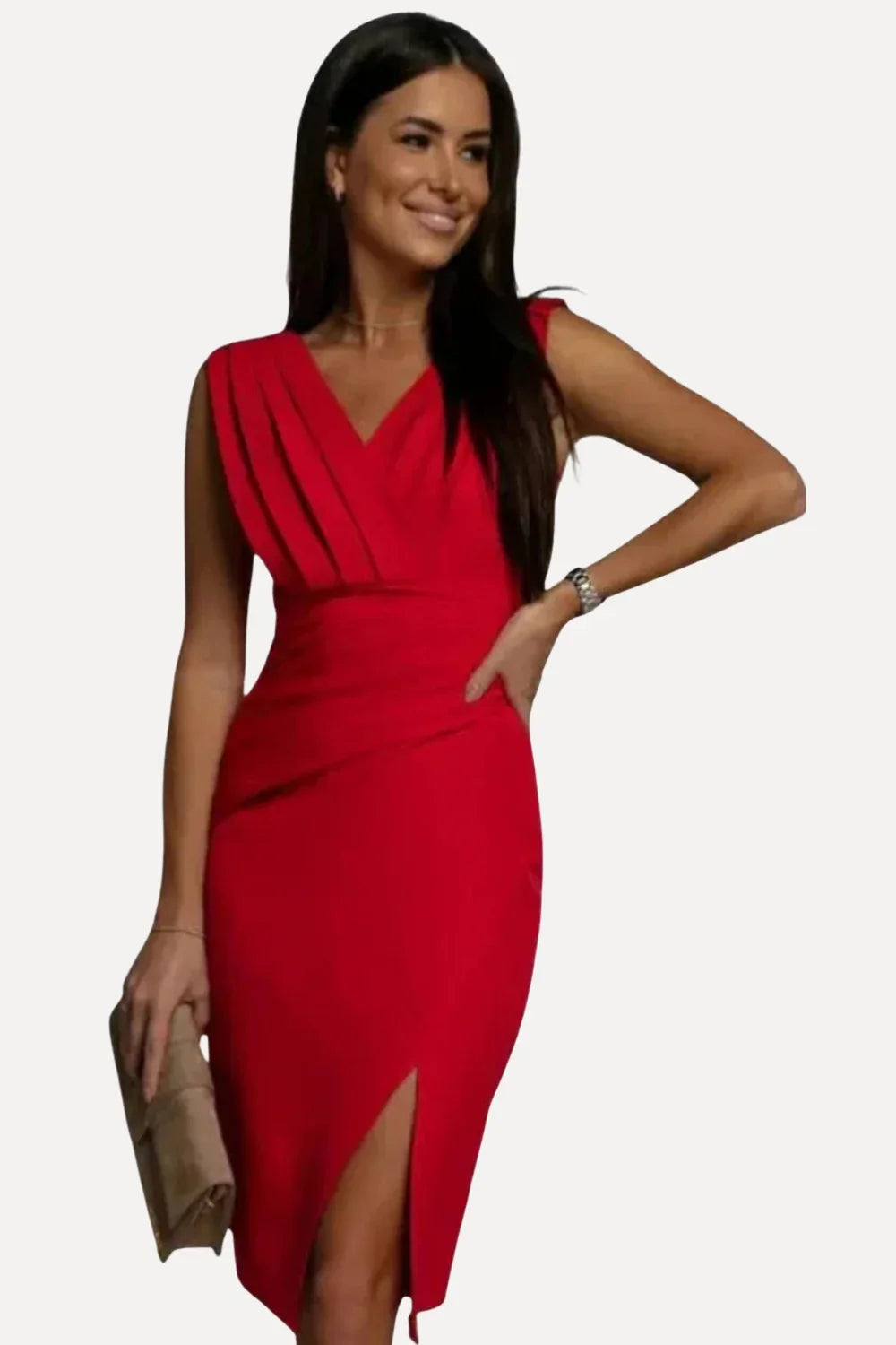 Woman wearing Kouvr Fashion's red Clara V-neck cocktail dress, front view