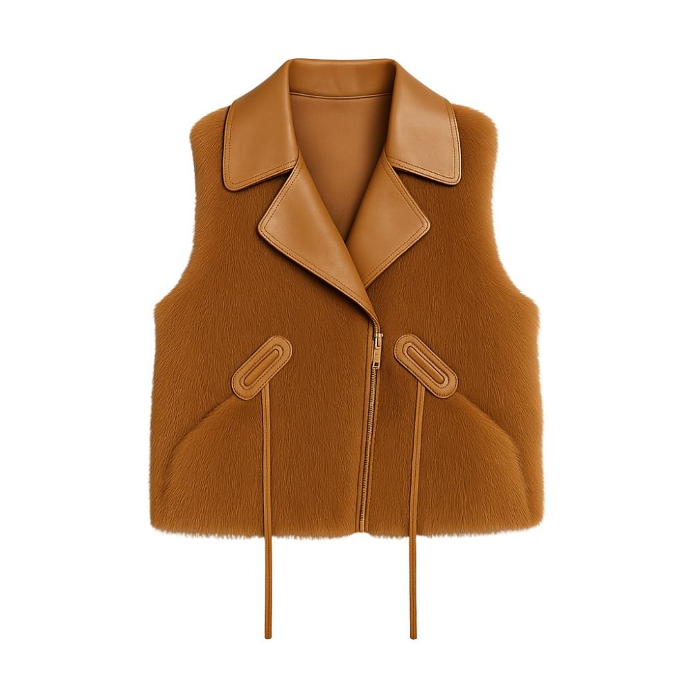 Kouvr Fashion Women's Cognac Brown Leather and Fox Fur Vest with Statement Pockets.