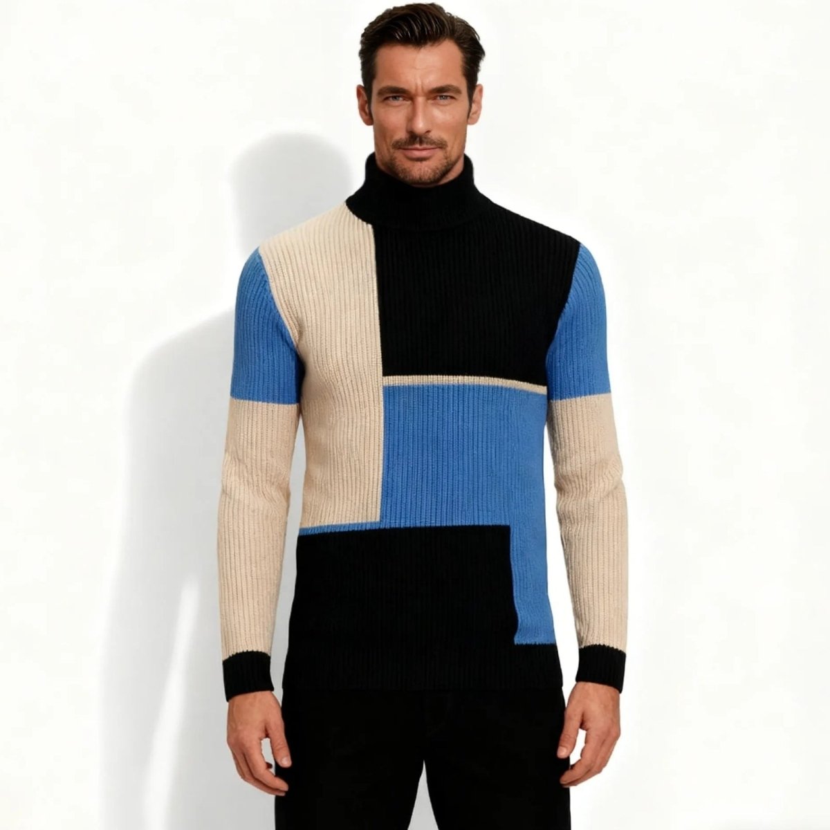 Male model wearing the Kouvr Fashion color block turtleneck sweater in black, blue, and beige, viewed from the front.
