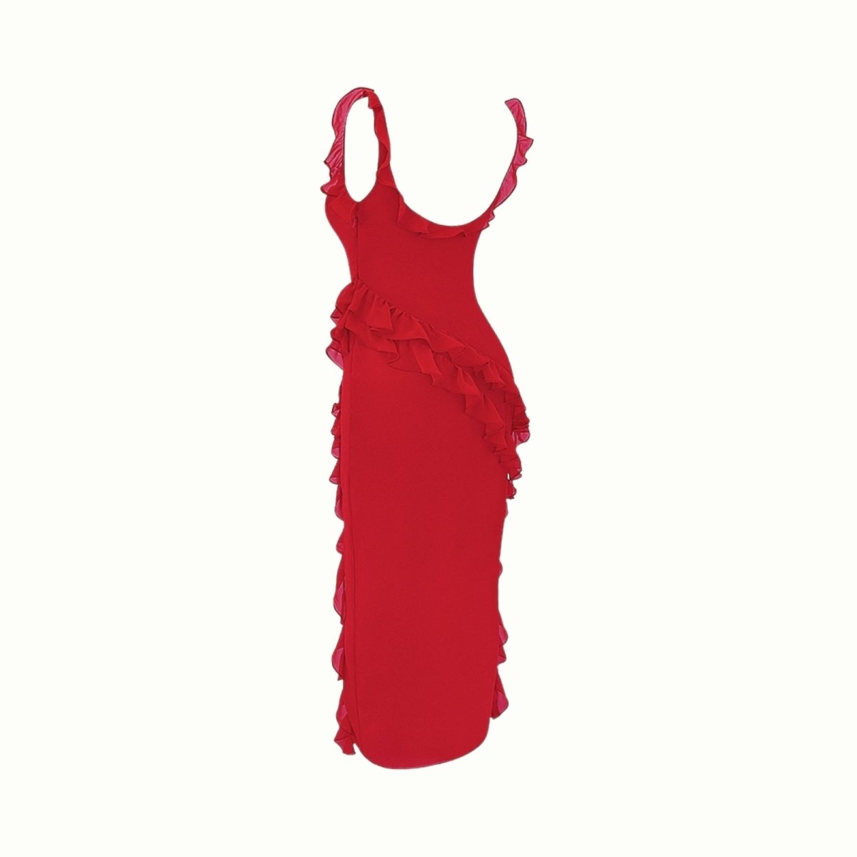 Red Kouvr dress with ruffled details on a white background