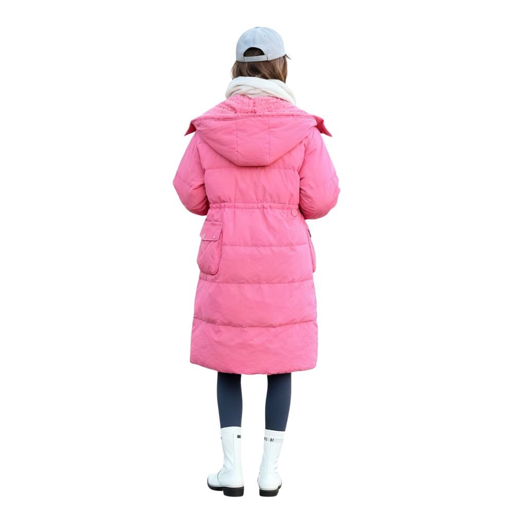 Kouvr Fashion women's long oversized dark pink puffer coat with hood seen from the front