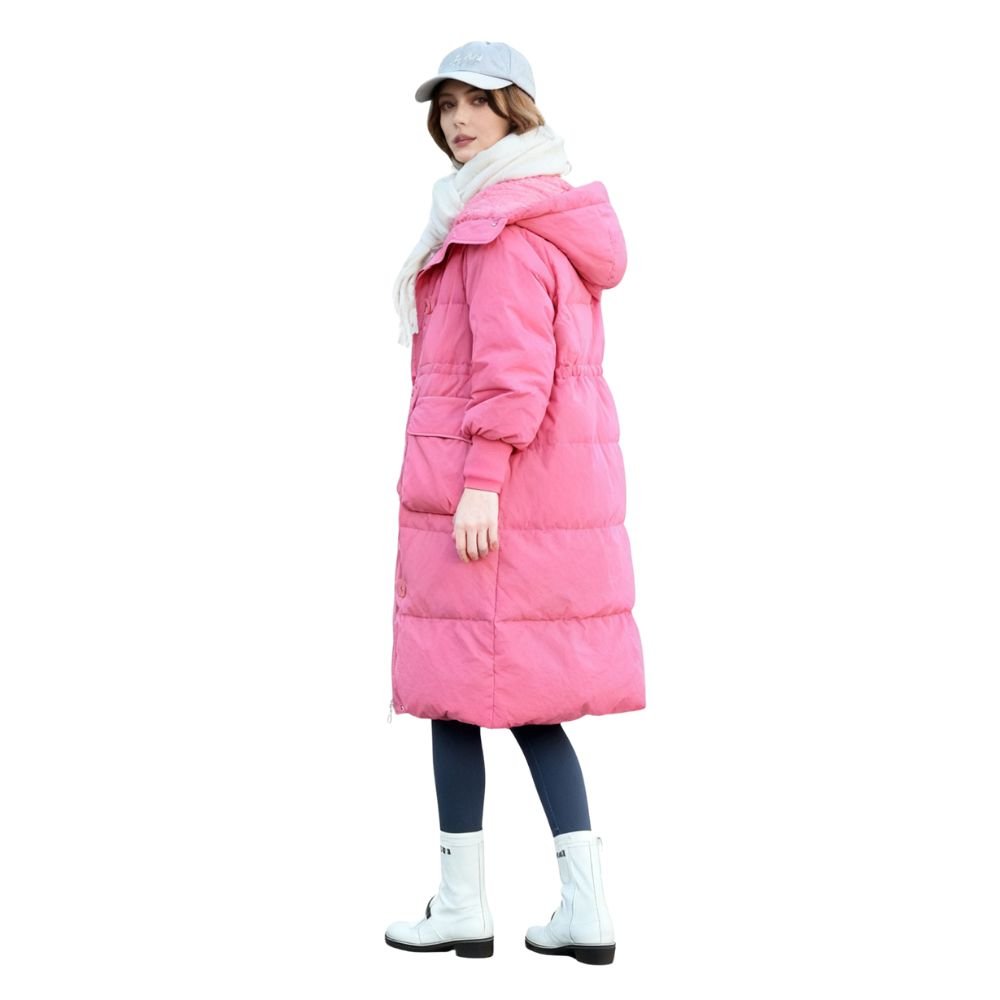 Kouvr Fashion women's long oversized dark pink puffer coat with hood seen from the front