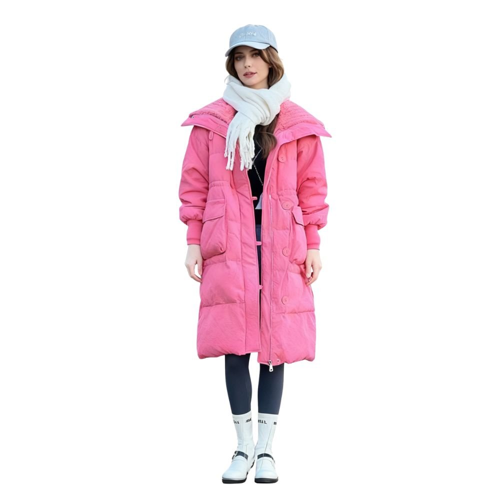 Kouvr Fashion women's long oversized dark pink puffer coat with hood seen from the front