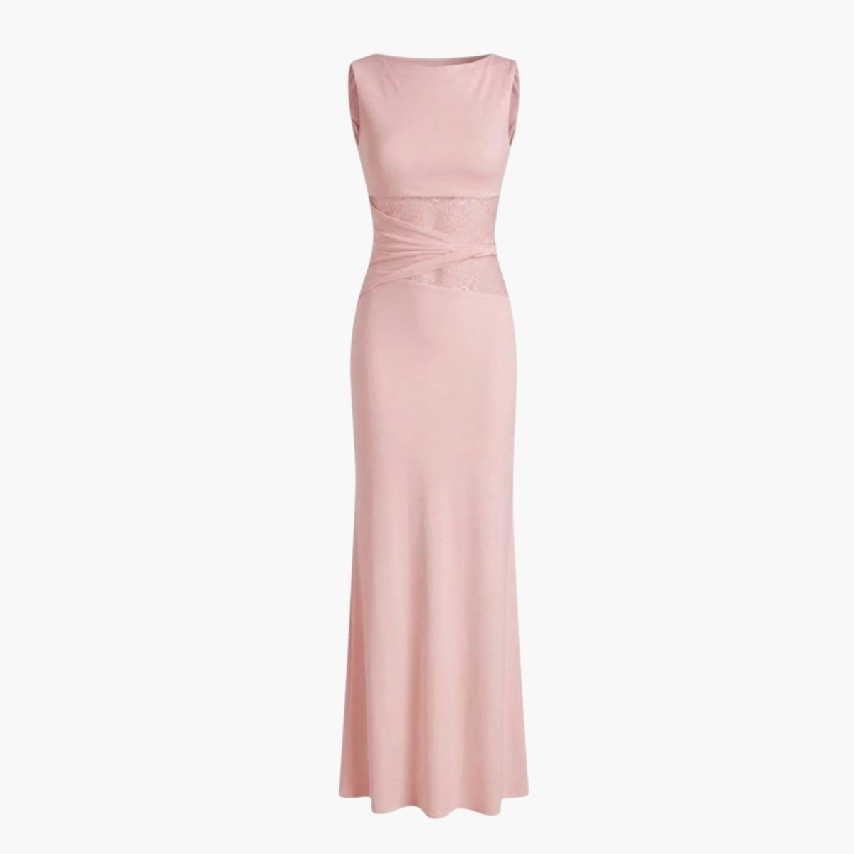 Product-only image of the deborah pink formal gown from Kouvr Fashion, displaying the bateau neckline and lace wrap waist detail.
