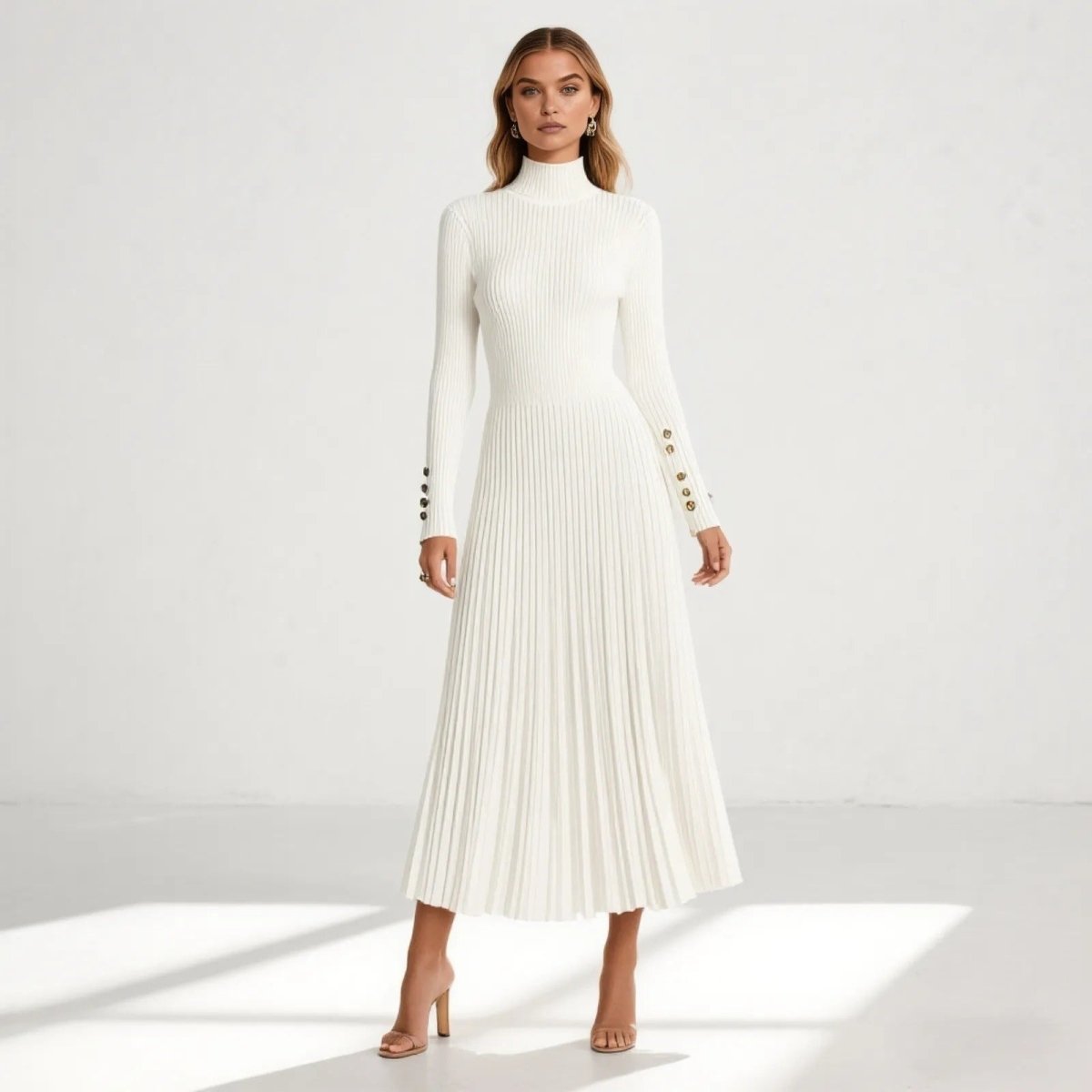 Model wearing the Kouvr Fashion Dianne white ribbed knit pleated midi dress, viewed from the front, showcasing its elegant silhouette.