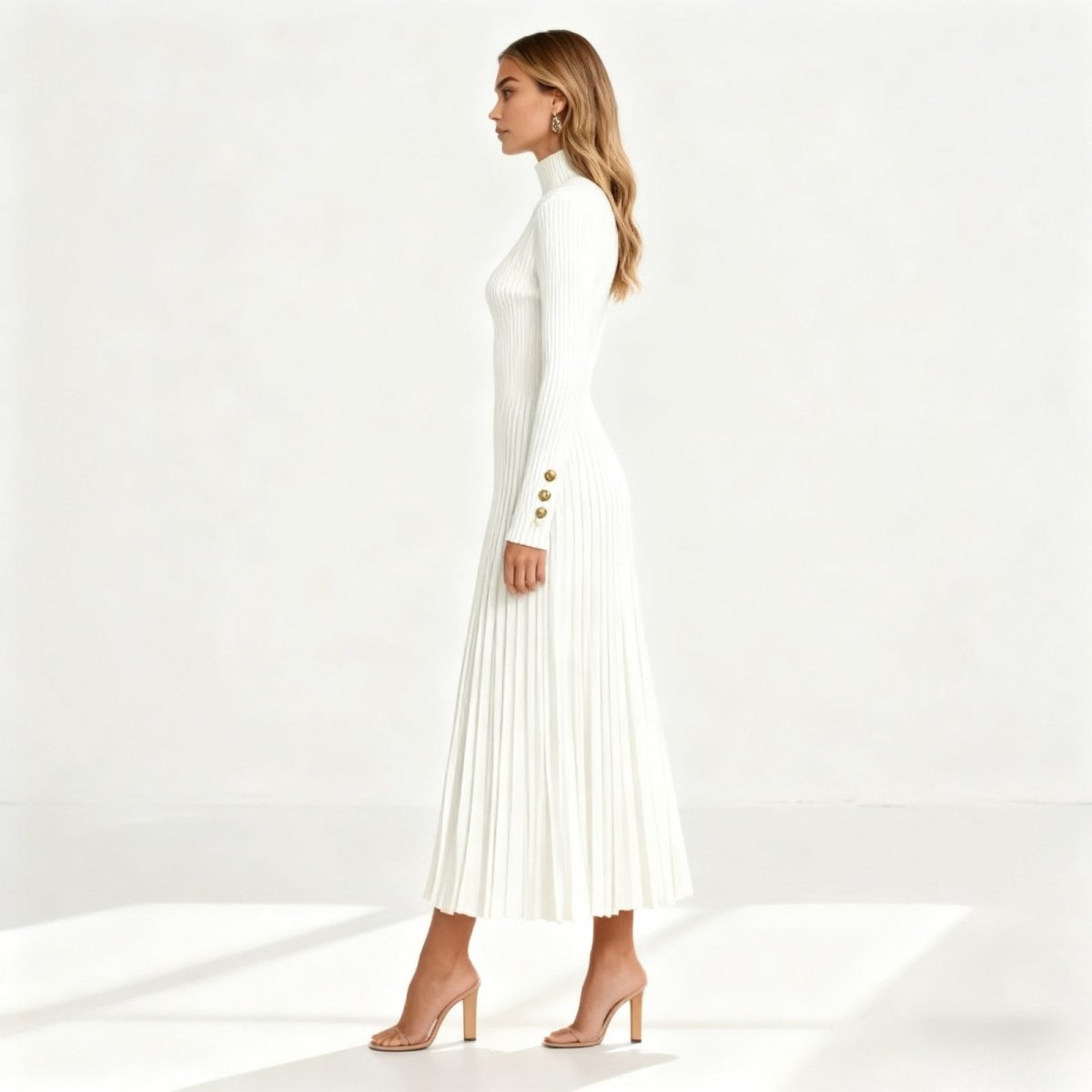 Side profile of a model in the Dianne long sleeve turtleneck dress in white, highlighting the A-line pleated skirt and gold button cuff details.