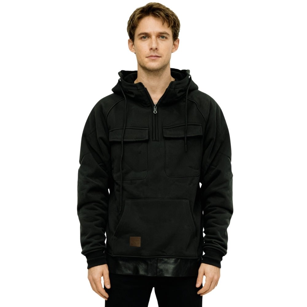Kouvr Fashion Dominic tactical utility hoodie in black, front view with half-zip and chest pockets.
