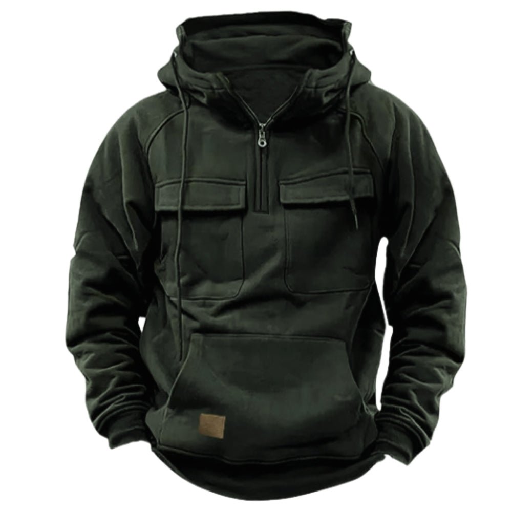 Green hoodie with front pocket and zipper on a white background