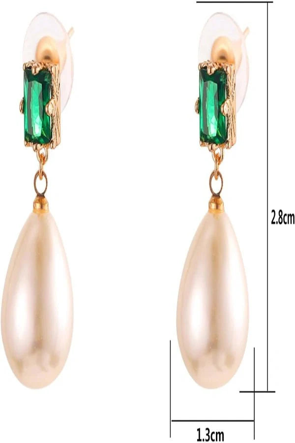 Pair of Kouvr earrings with green gemstones and pearl-like drops, with measurements indicated.