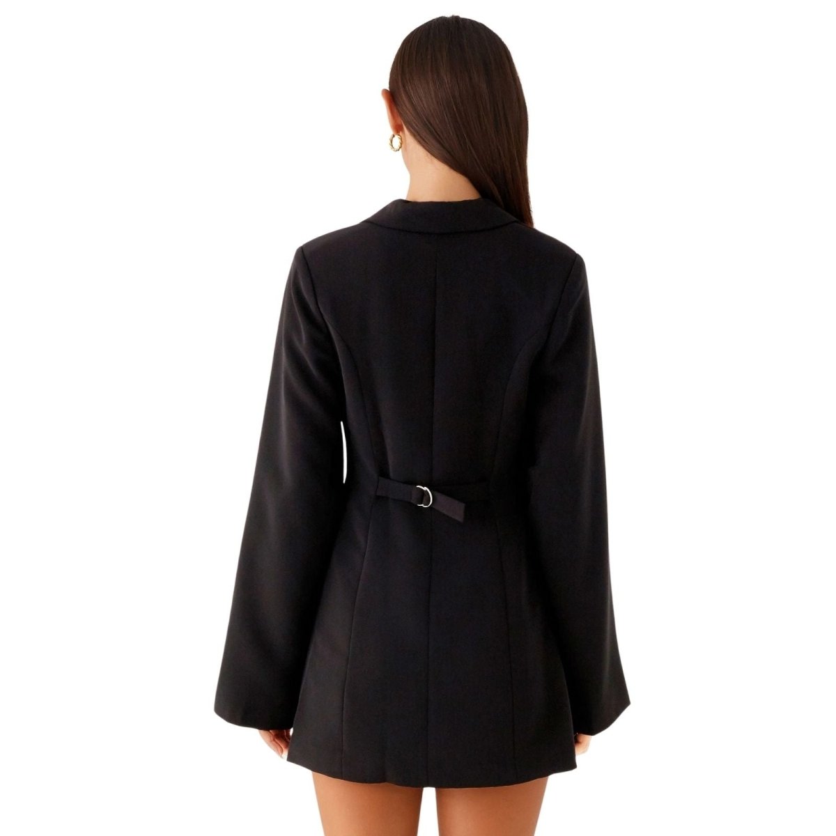 Black coat worn by a person on a white background