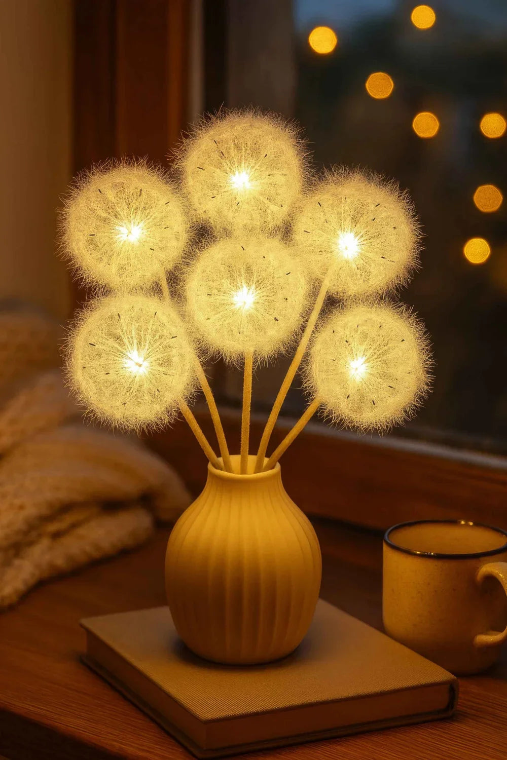 A whimsical dandelion bouquet table light used as a bedside nightlight, casting an ethereal ambiance next to a mug.