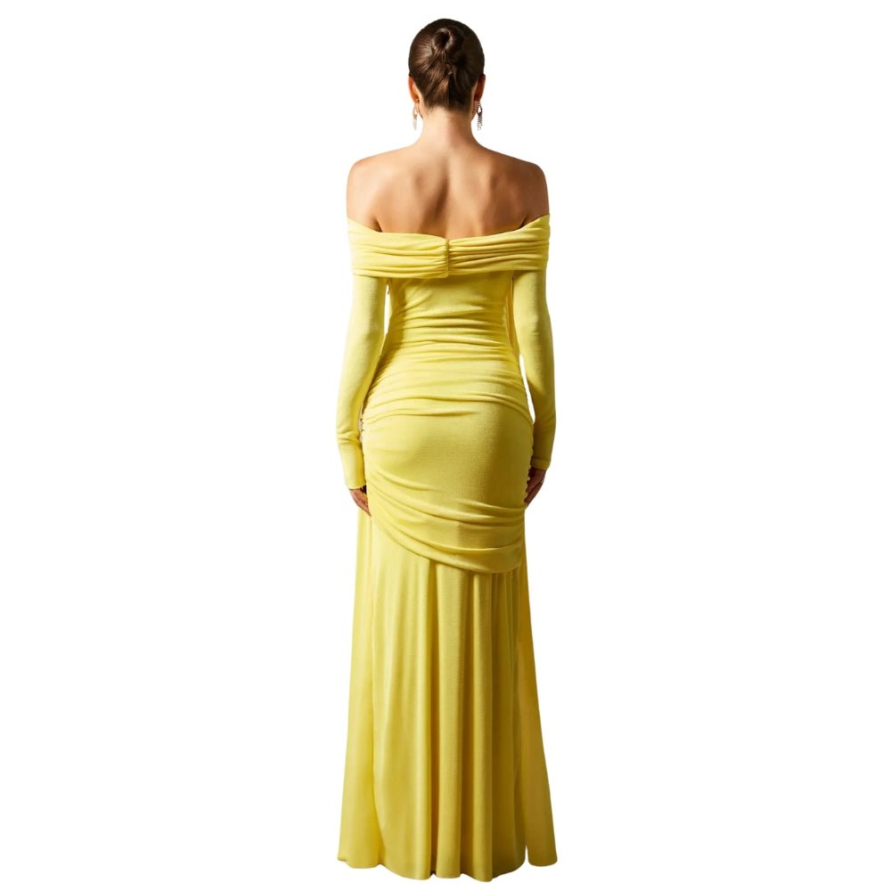 Grecian drape, sculptural silhouette, off-the-shoulder, Bardot neckline, floor-length, luminous fabric, statement gown