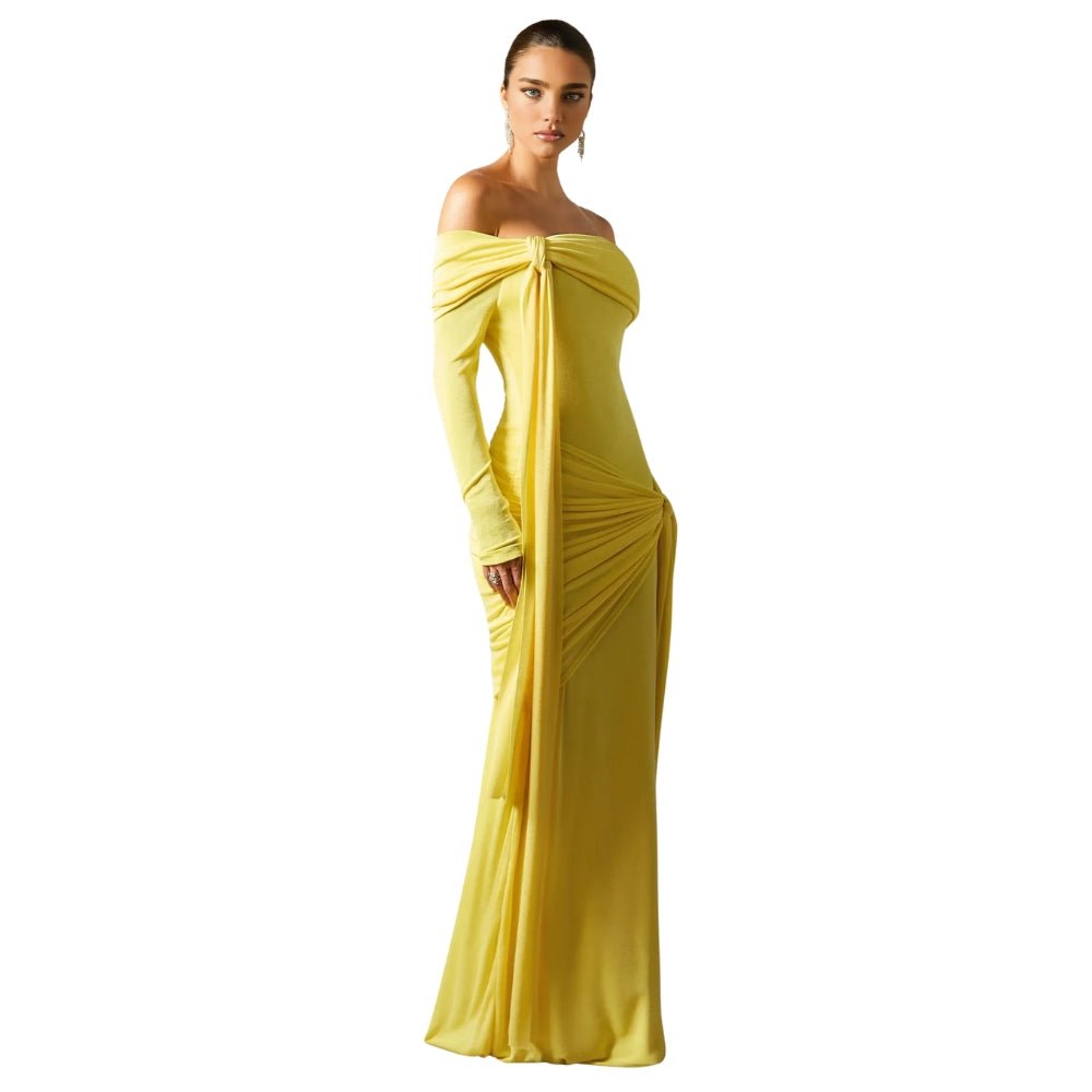 Grecian drape, sculptural silhouette, off-the-shoulder, Bardot neckline, floor-length, luminous fabric, statement gown