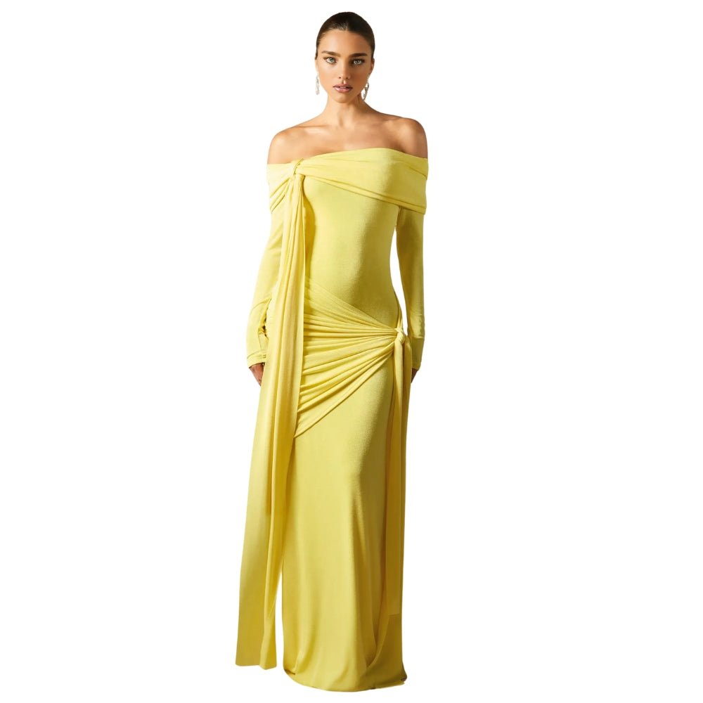 Grecian drape, sculptural silhouette, off-the-shoulder, Bardot neckline, floor-length, luminous fabric, statement gown