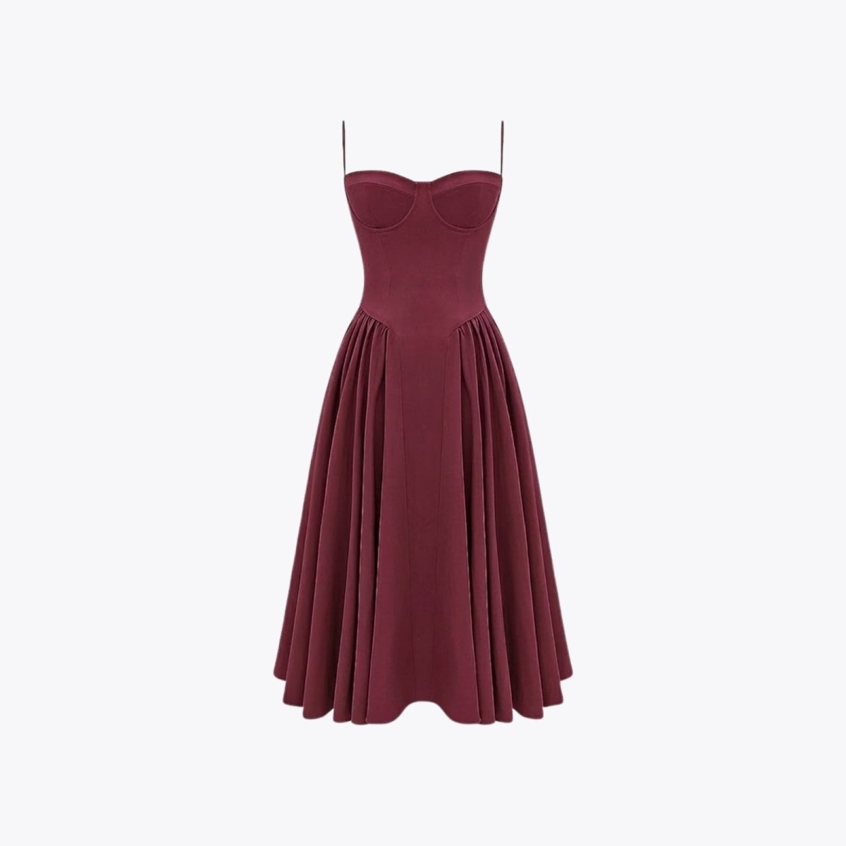 Product image of the Kouvr Fashion Evdokia burgundy bustier cocktail dress with a structured bodice and A-line midi skirt.