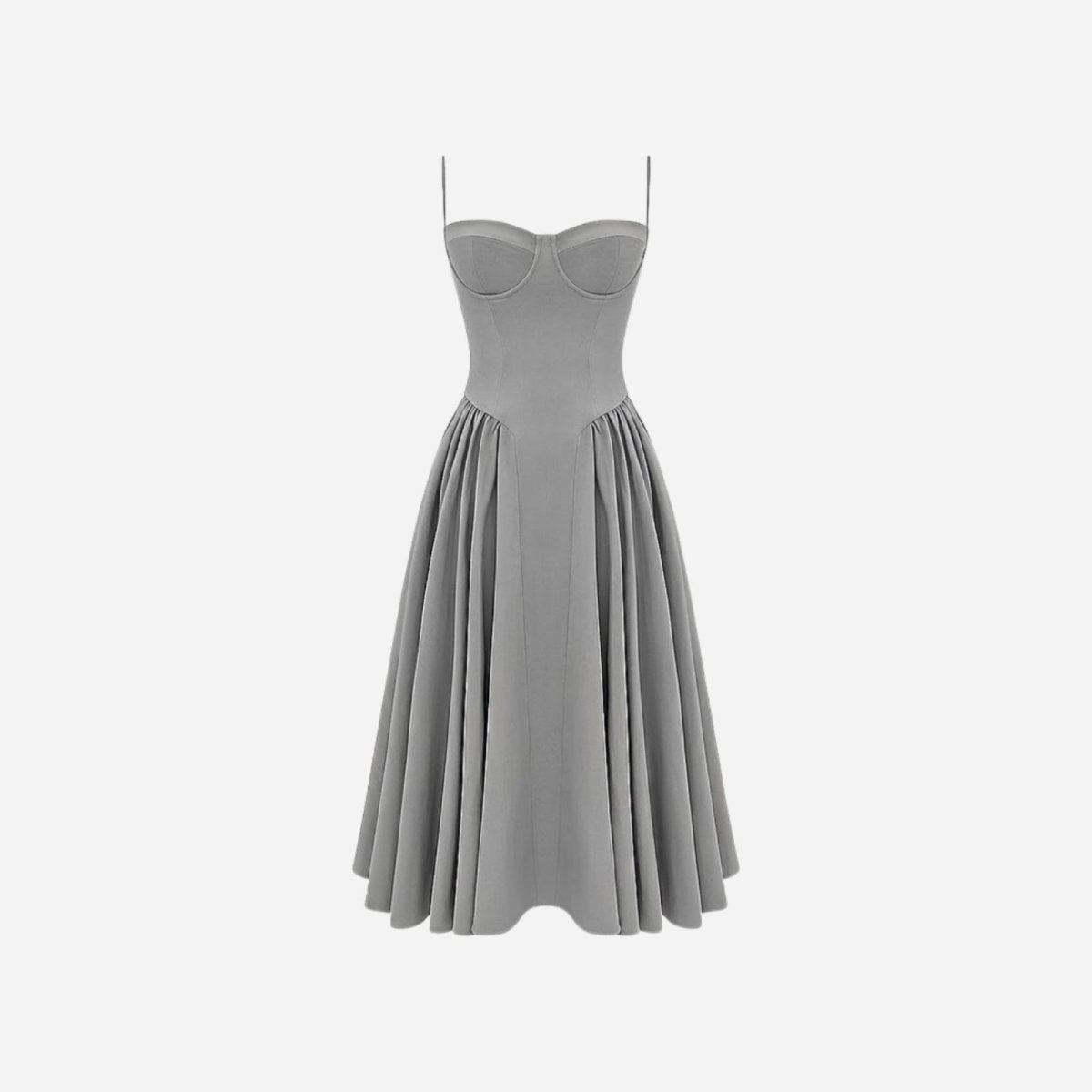 High-quality product image of the Kouvr Fashion Evdokia grey corset midi dress against a white background.
