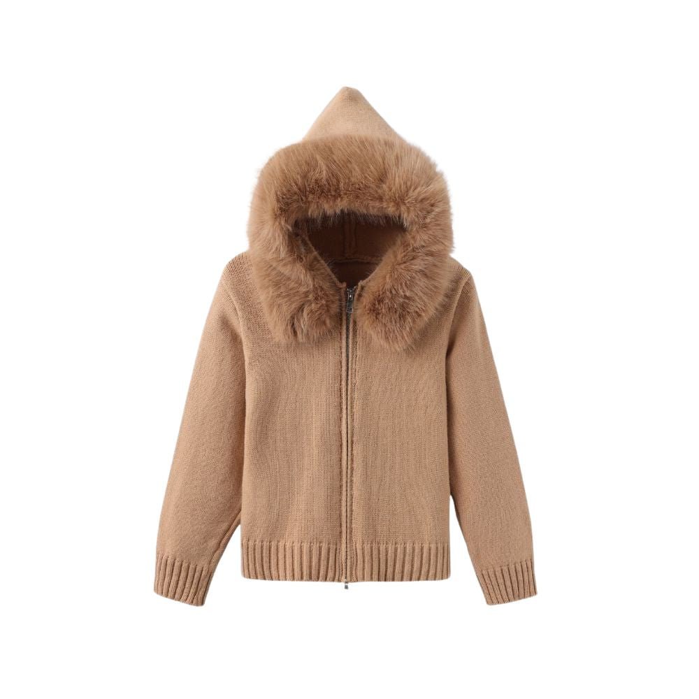 Brown kouvr knitted hoodie with fur trim on a white background