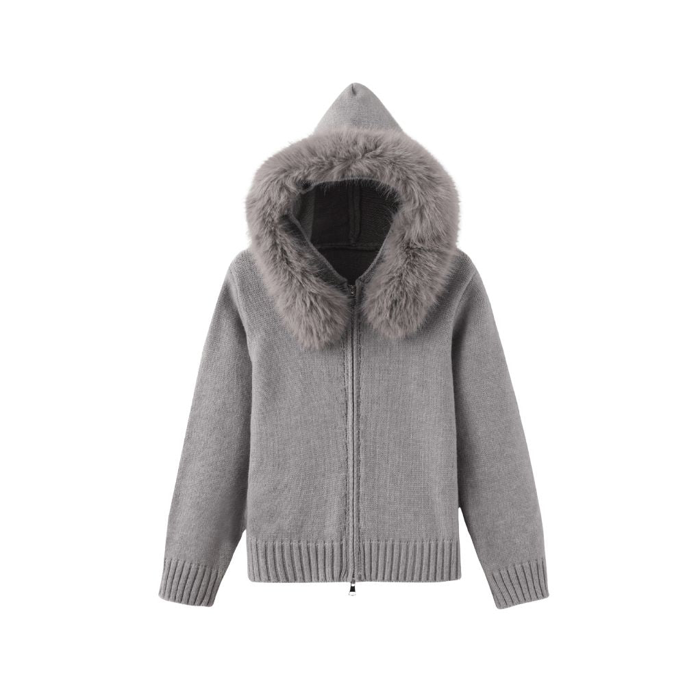 Gray kouvr hoodie with fur trim on a white background