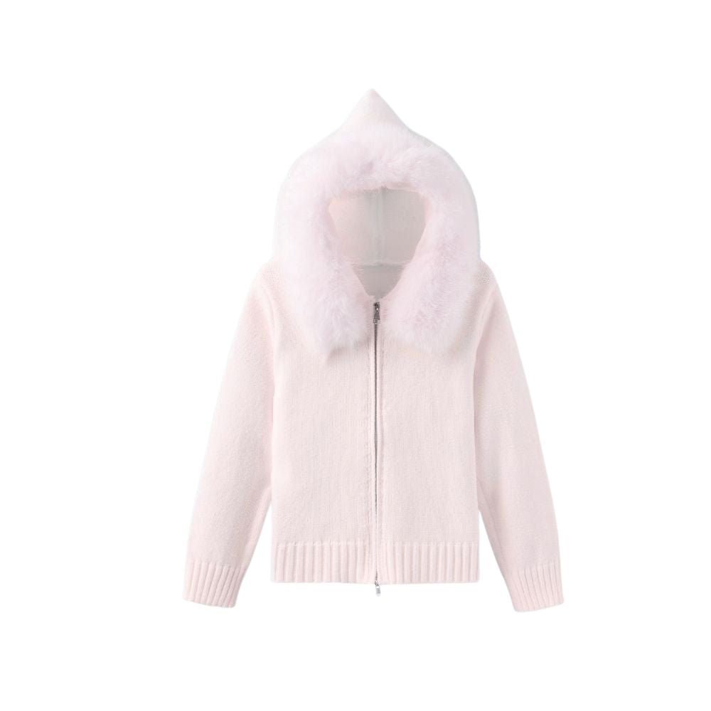 Ivory hooded cardigan on a white background
