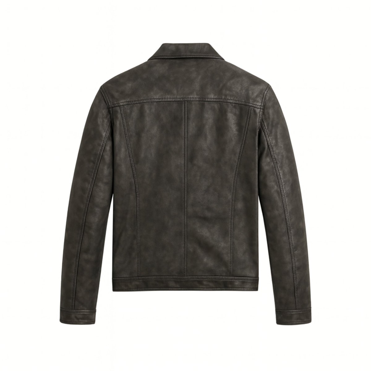 Flat lay of the back of the men's Kouvr Clinton luxury leather jacket showing construction details.