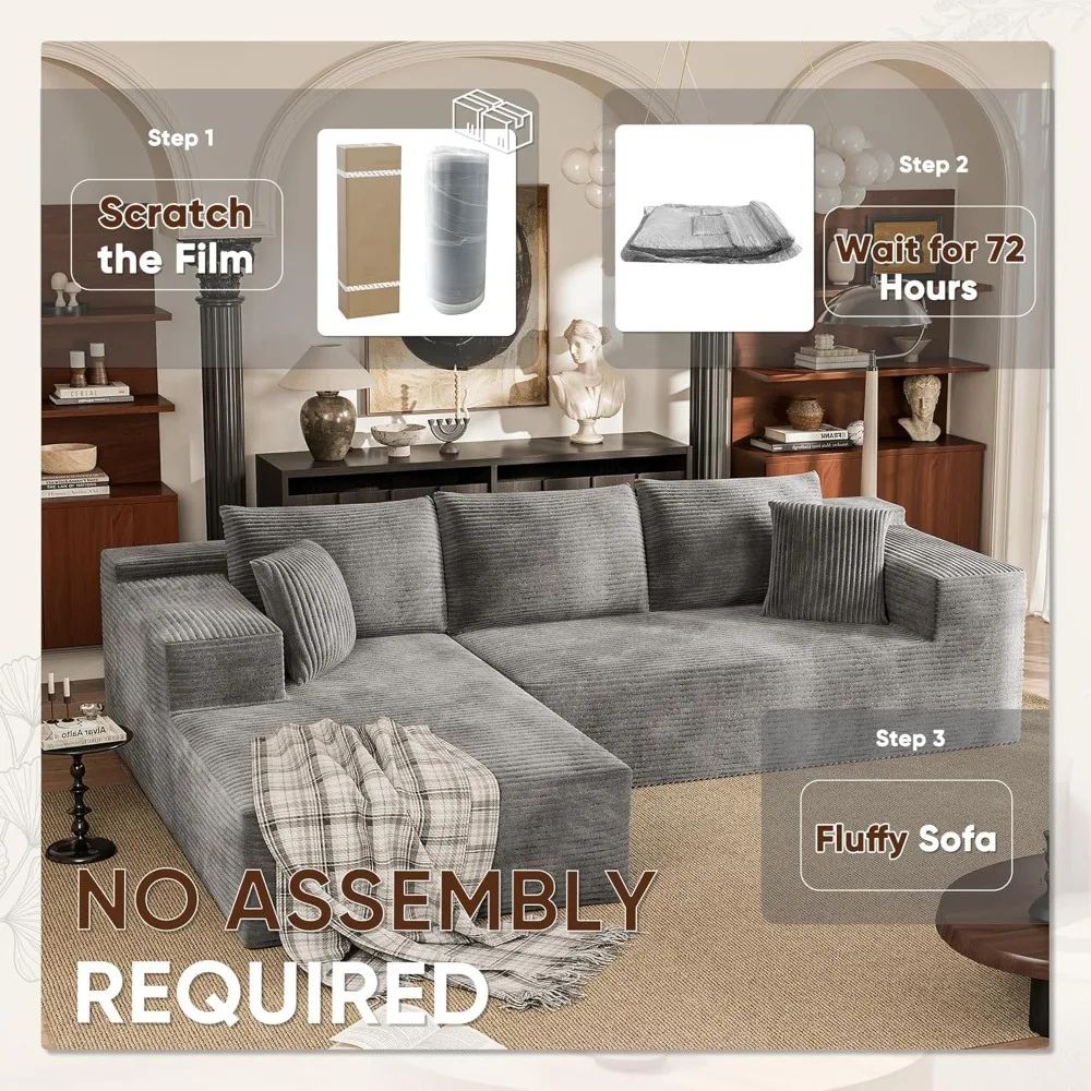 Gray kouvr sectional sofa with 'No Assembly Required' text in a living room setting.