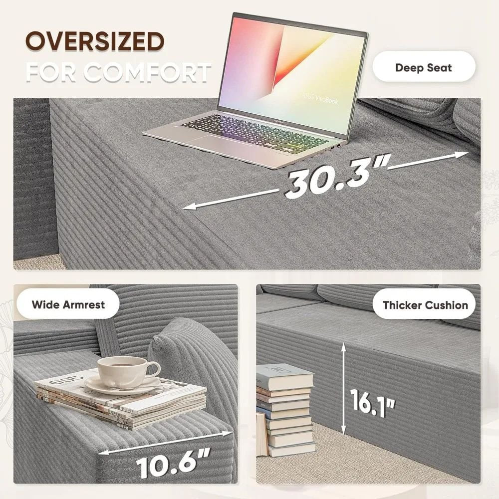 Gray kouvr sectional sofa with measurements indicating oversized comfort, wide armrests, and thicker cushions.