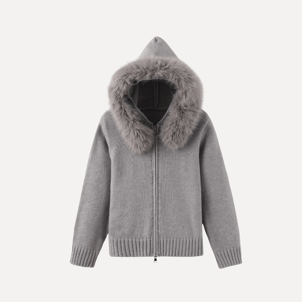 Model wearing Kouvr Fashion gray wool and cashmere blend hooded cardigan with silver fox fur trim