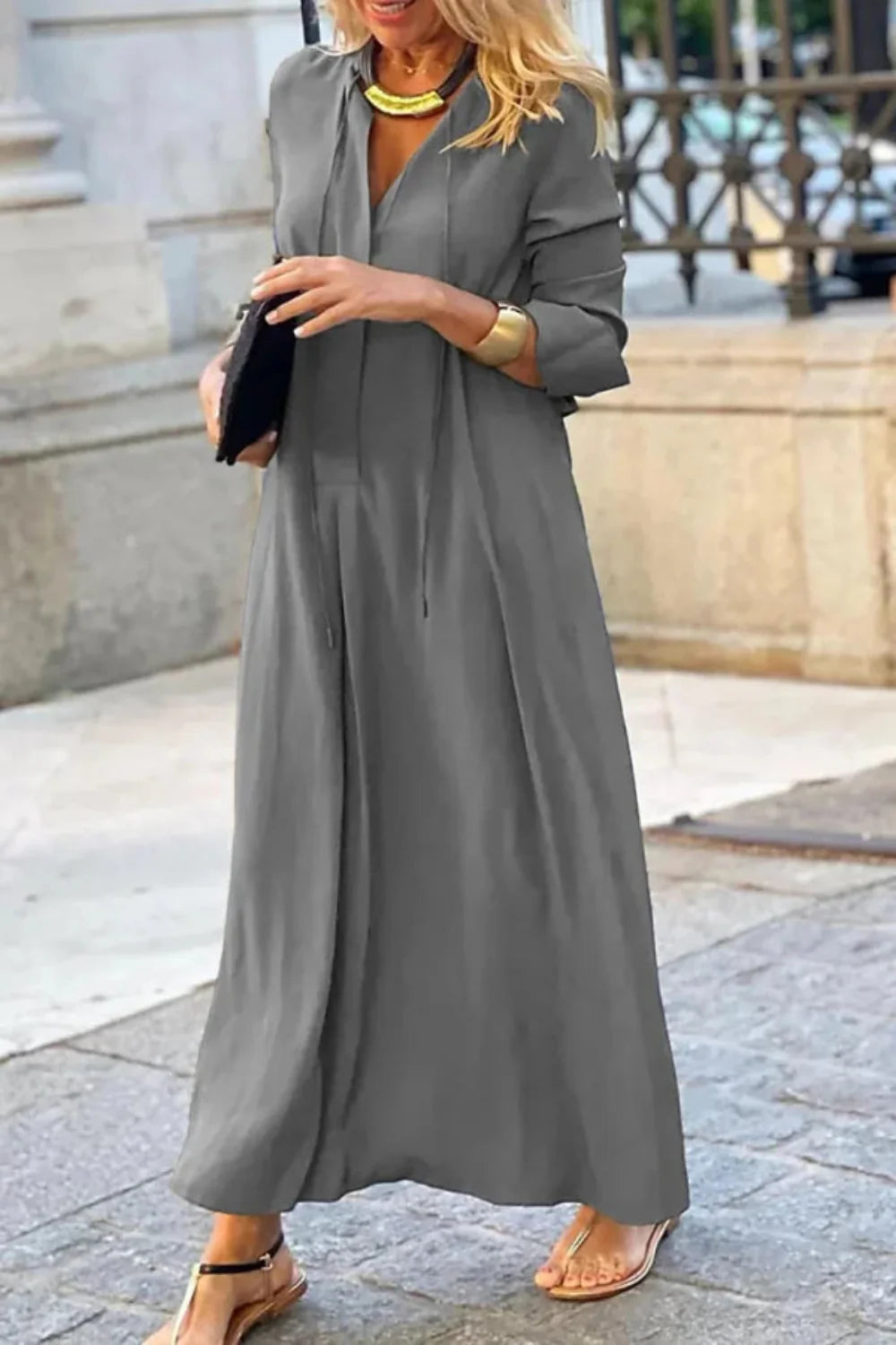 charcoal grey gown," "women's sophisticated travel dress," "minimalist A-line dress," "all-season maxi dress," and "comfortable evening dress
