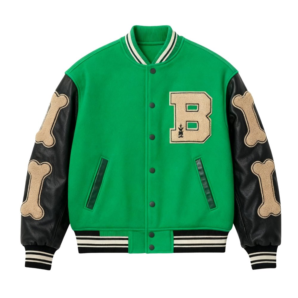 collegiate style", "chenille patch", "wool bomber", "leather sleeve jacket", and "designer outerwear for men