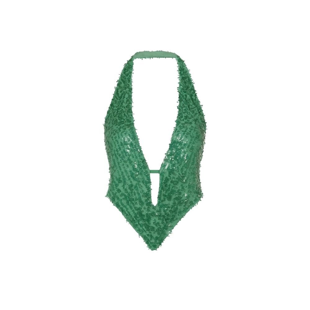 Green kouvr textured top on a white background