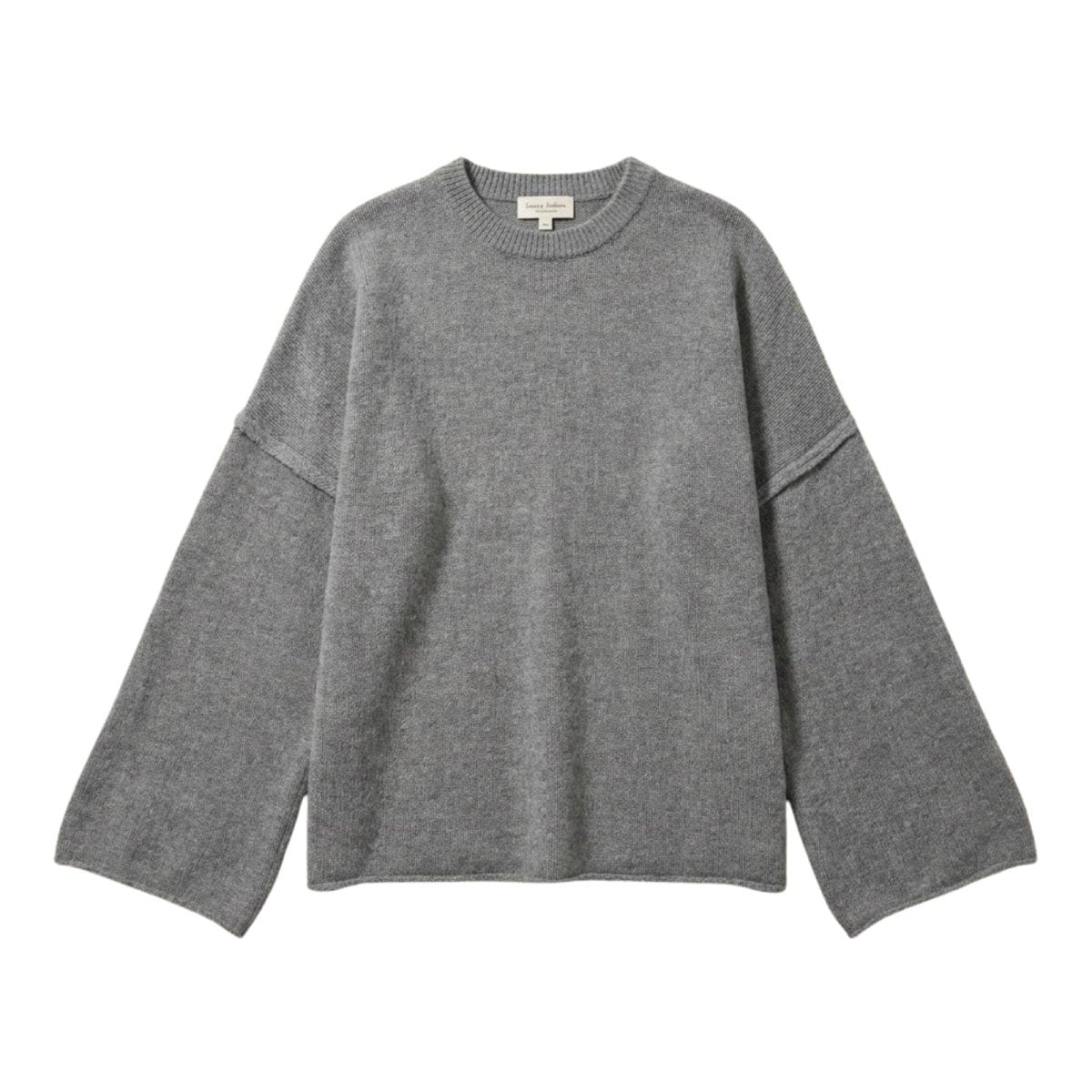 Flat lay of the Kouvr Fashion grey bell sleeve sweater showcasing the texture of the cashmere wool knit and exposed seams.