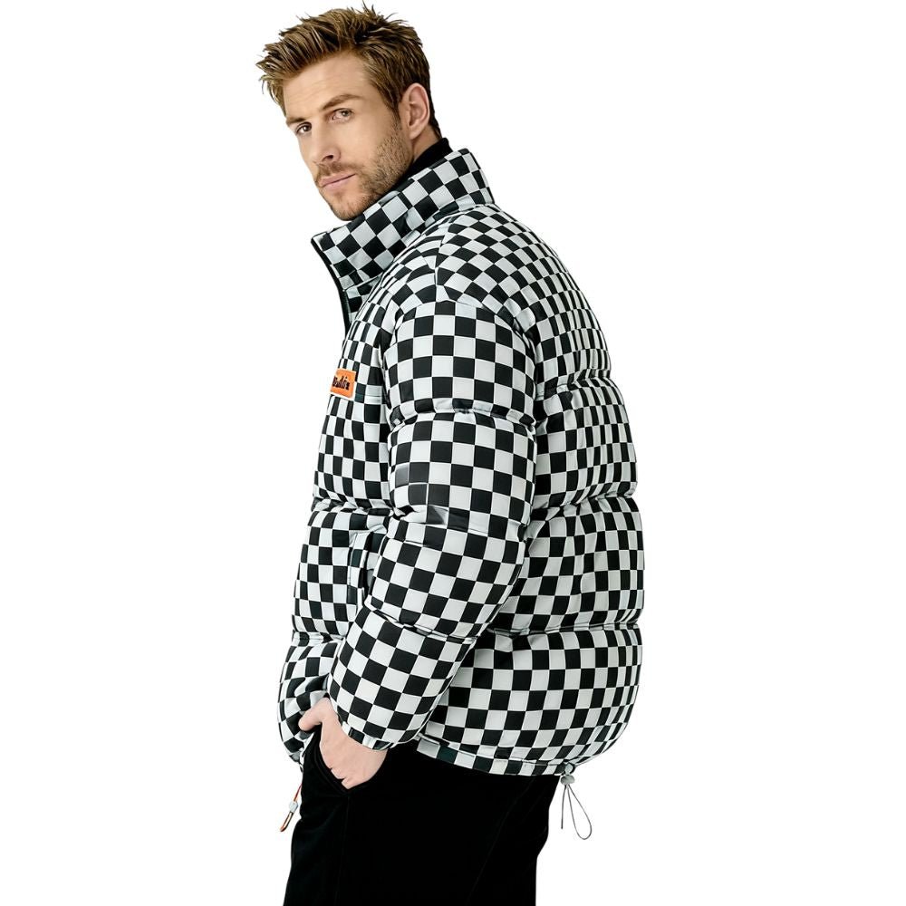 Model wearing the Kouvr Fashion Grid checkerboard puffer jacket with a black turtleneck