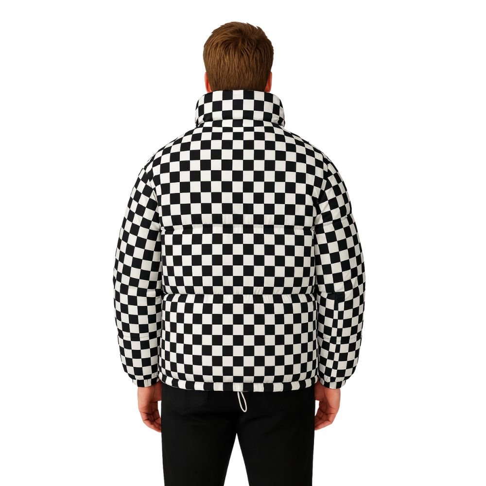 Model wearing the Kouvr Fashion Grid checkerboard puffer jacket with a black turtleneck
