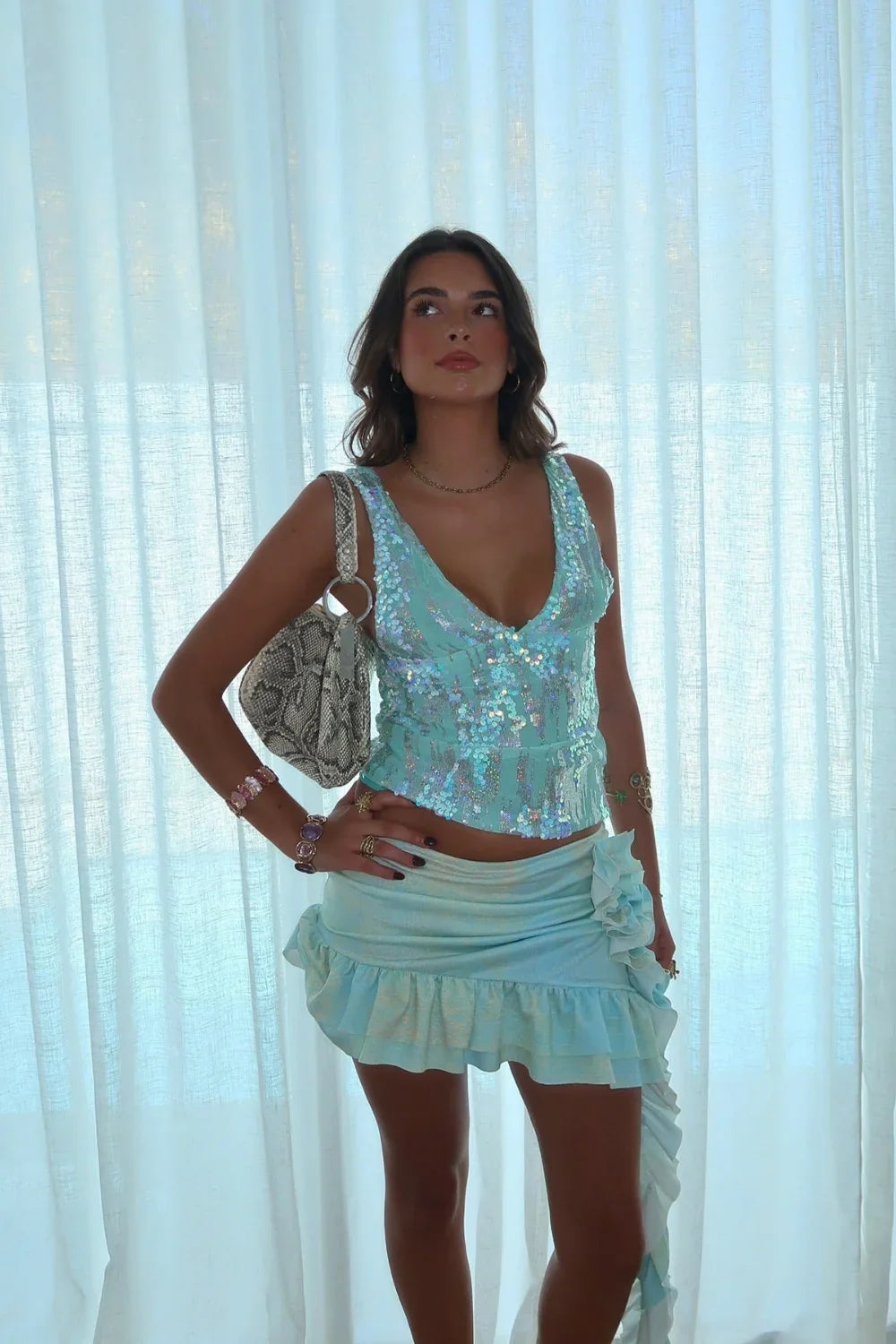 iridescent mermaid top, y2k party top, v-neck embellished tank, handcrafted beaded top, women's sparkle corset, festival outfit top, bachelorette party top, luxury statement piece