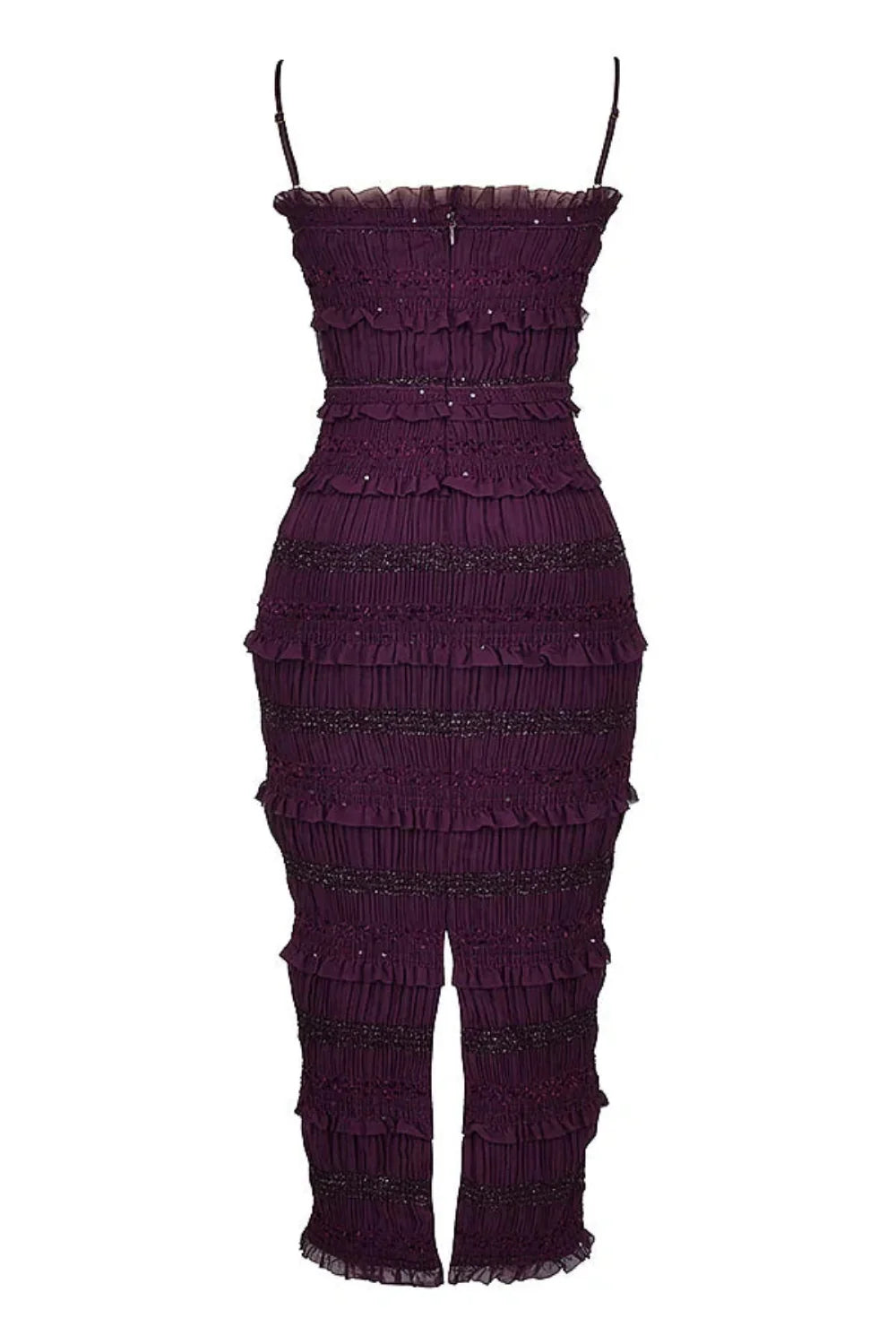 Model wearing the Kouvr Fashion Hannie formal evening jumpsuit in plum purple with tiered ruffles and bead embellishments