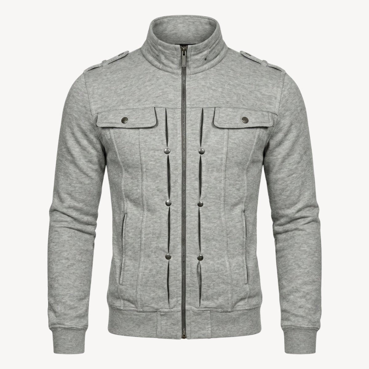 Product shot of the Kouvr men's heather grey military jacket with full-zip front and gunmetal hardware details.