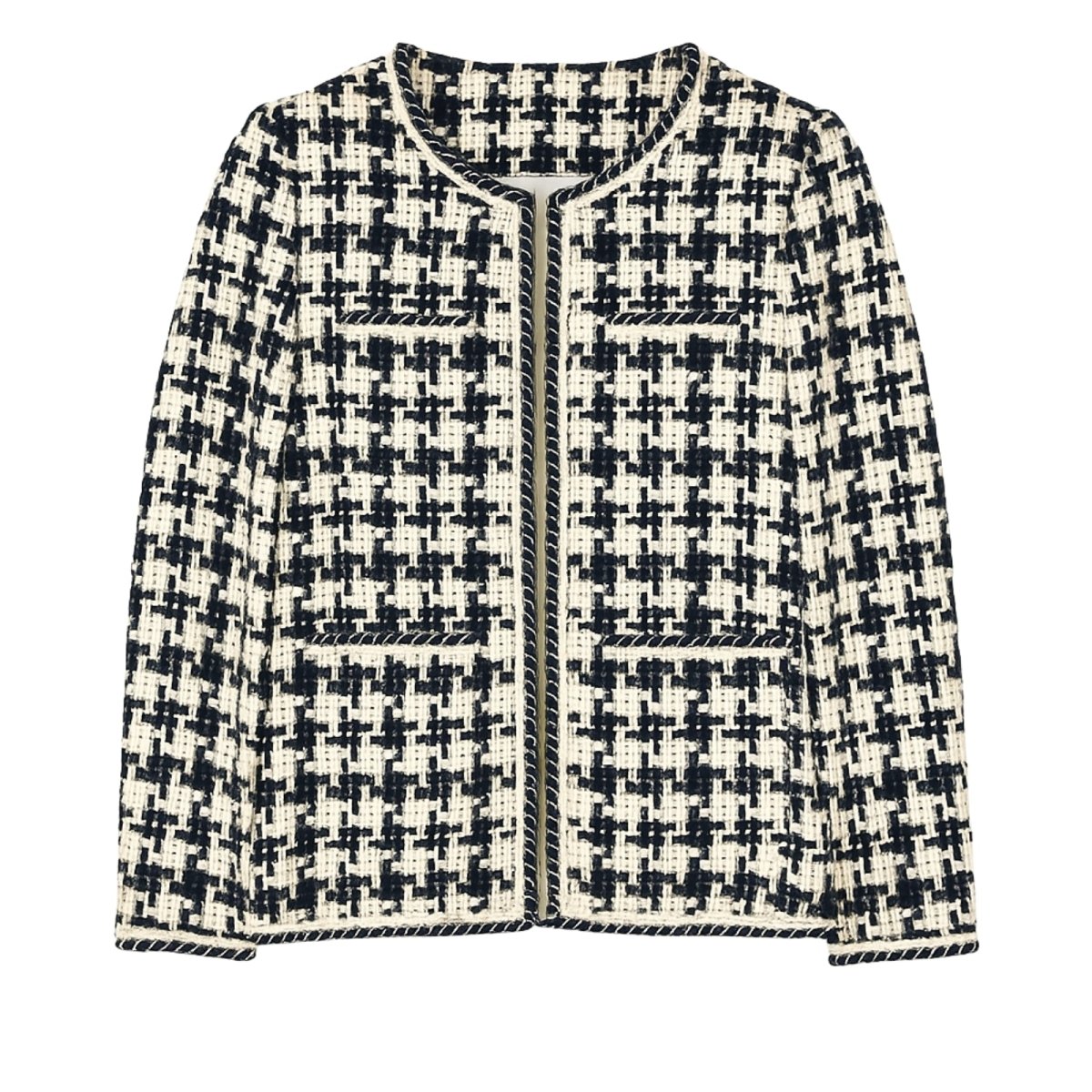 Black and white houndstooth patterned jacket on a white background