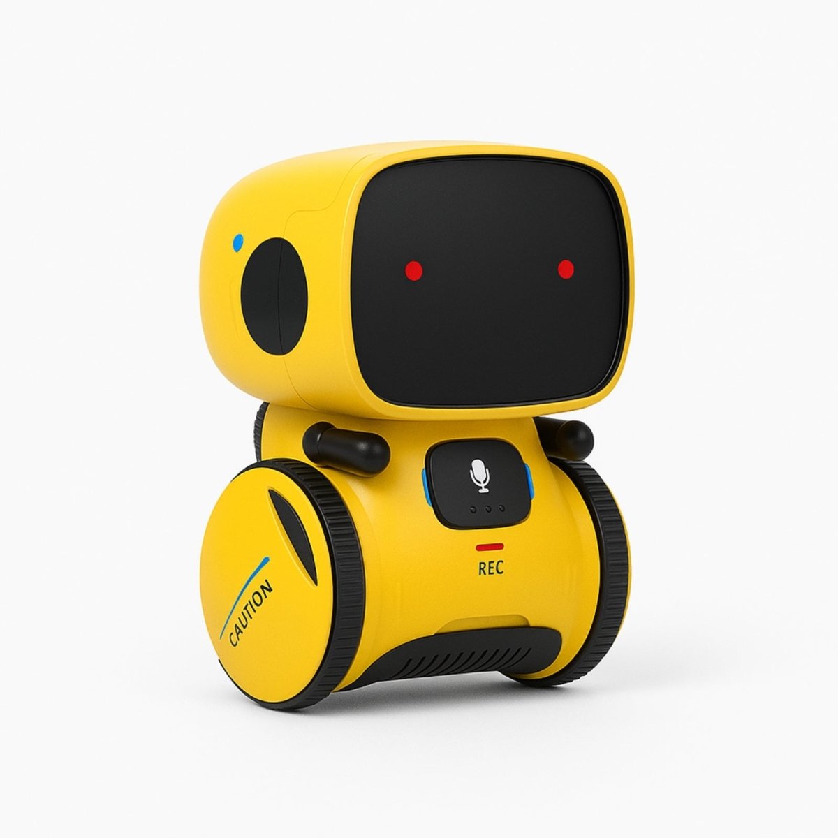 The Kouvr Fashion interactive smart robot in vibrant yellow, shown from the front on a clean white background, with its red digital eyes illuminated.