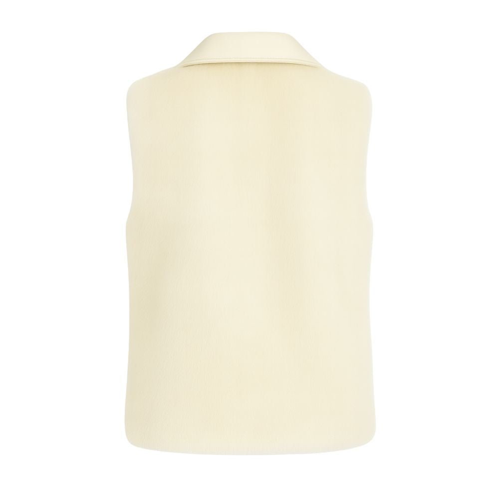 Kouvr Fashion women's pearl white sheared mink fur vest with a Nappa leather collar and front zip closure, shown from the front.