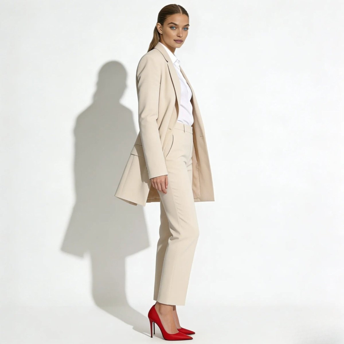 Side profile of a woman in a tailored ivory pantsuit from Kouvr Fashion, showcasing the structured fit of the blazer and the clean lines of the trousers.