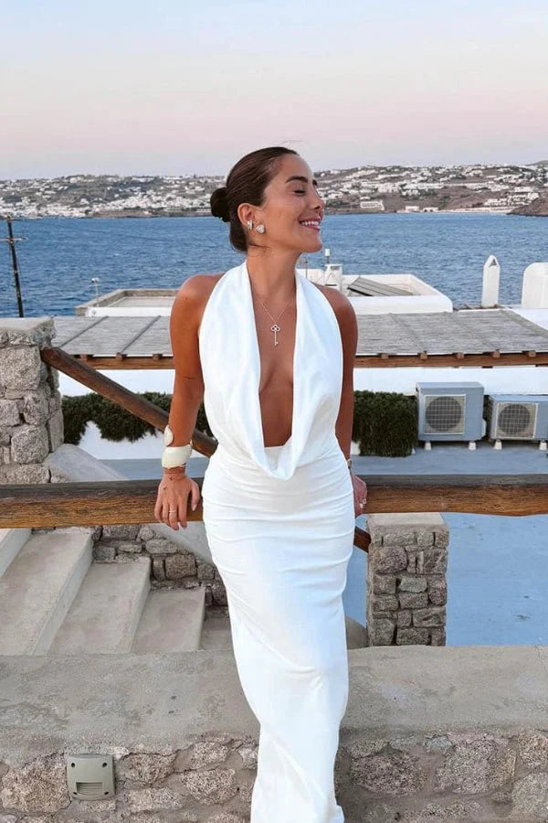 draped neckline,' 'plunge front,' and 'open-back dress