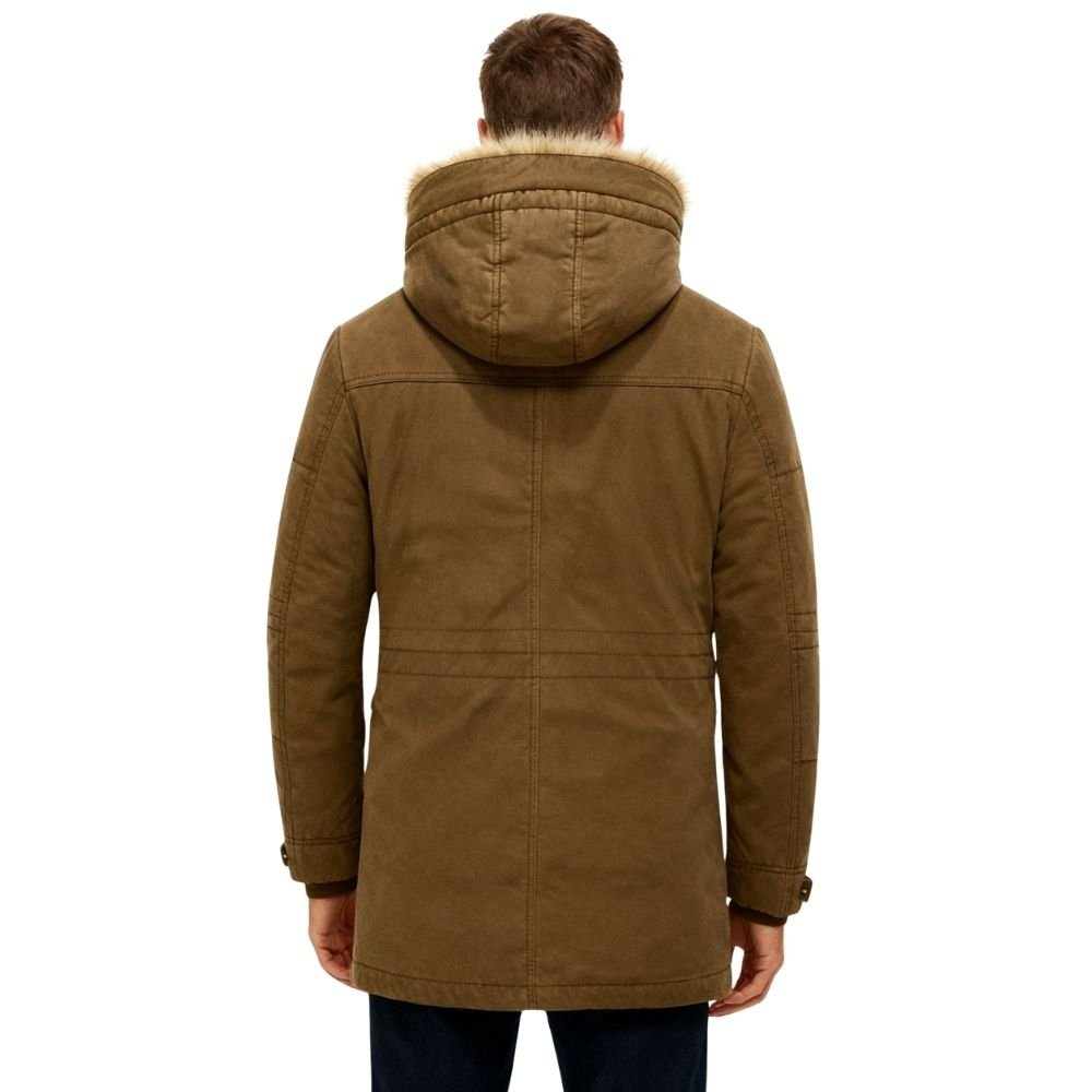 Brown kouvr winter coat with fur-lined hood on a white background